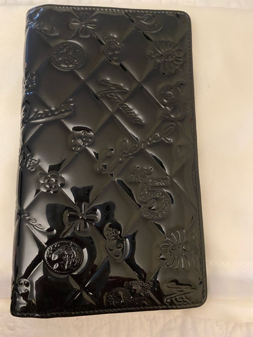 CHANEL Black Patent Quilted Embossed Long Wallet